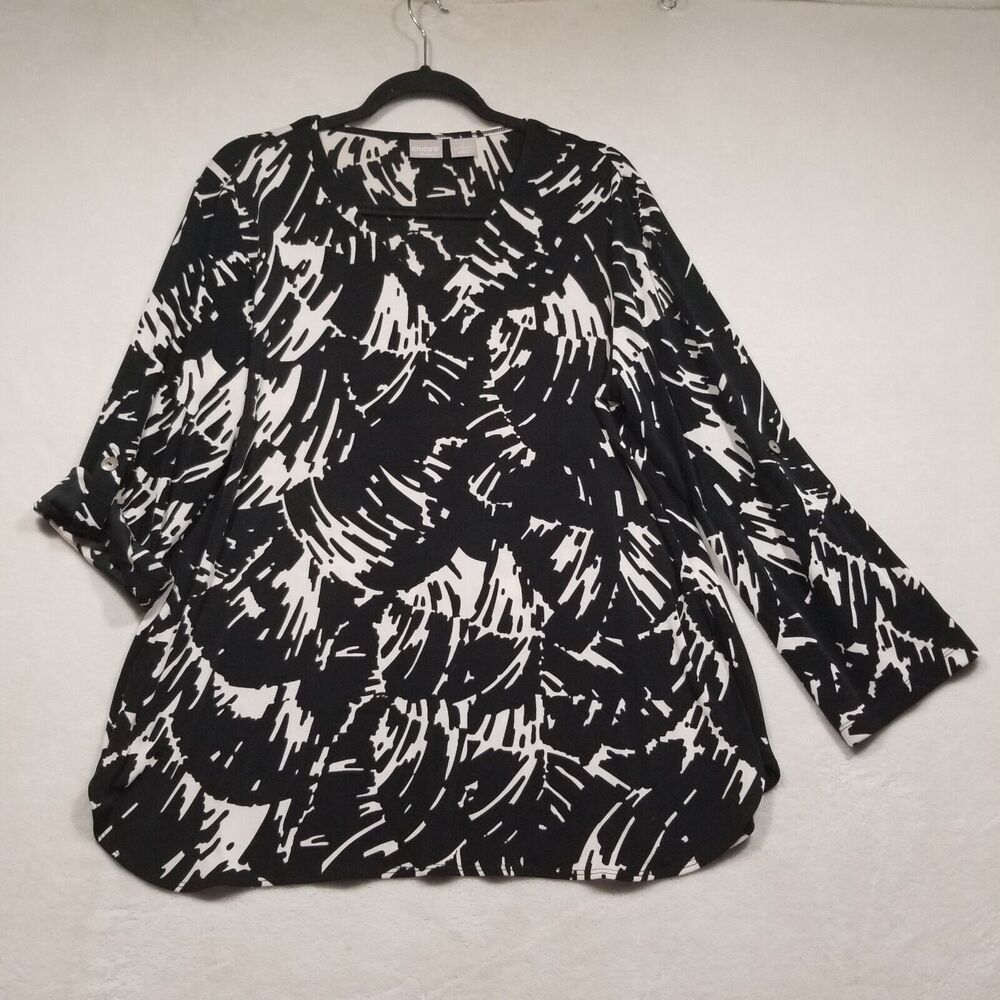 CHICOS Travelers 2 (L) Top V Neck Roll Tab Sleeve Black/White Slinky Knit Cruise